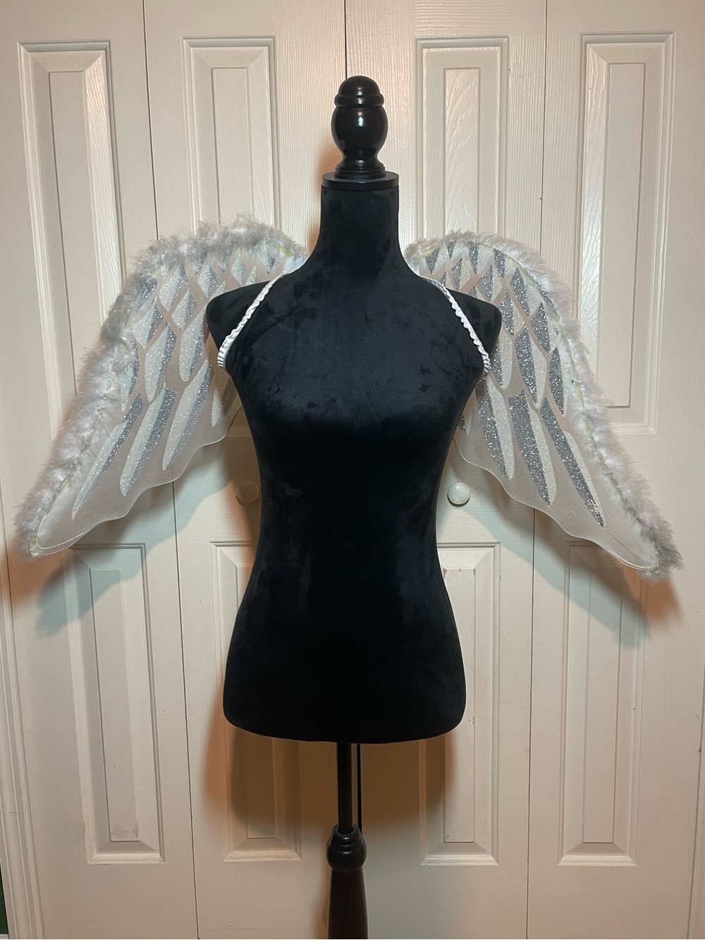 White Mesh Angel Wings with Glitter and Feathers
